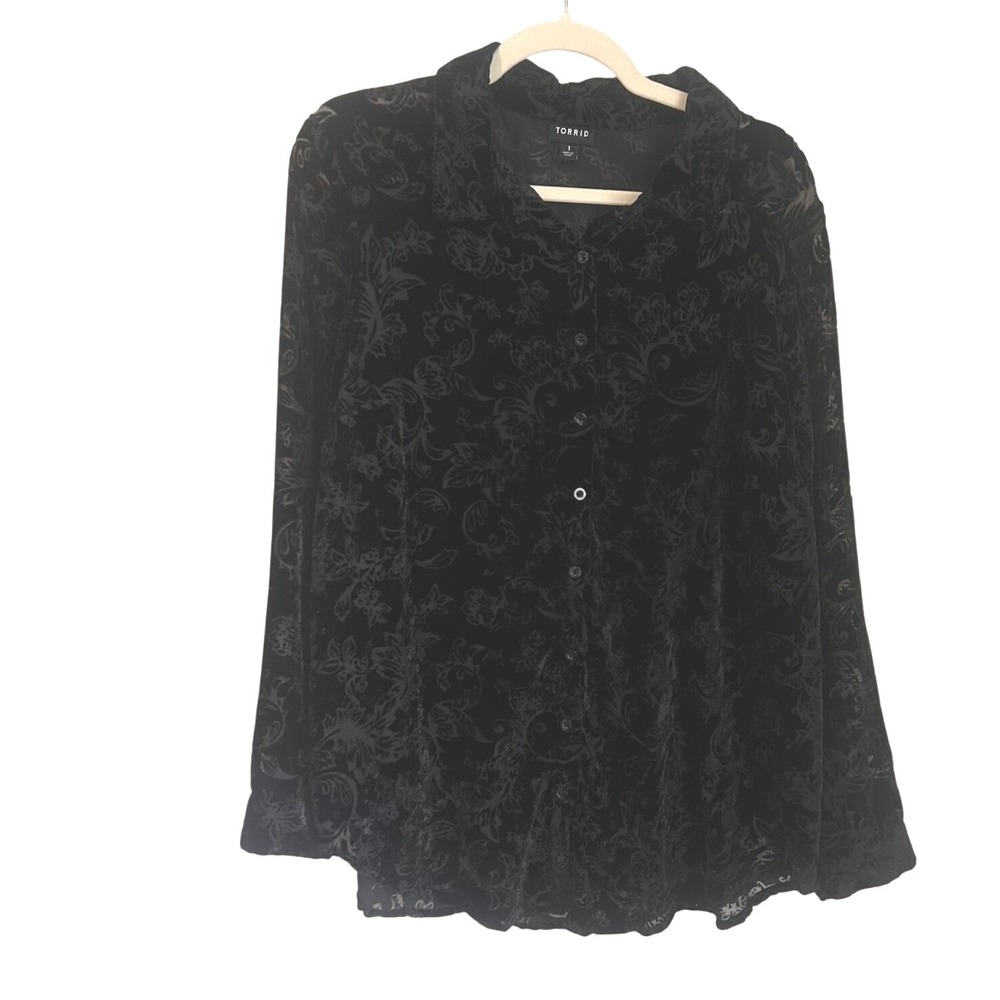 Torrid Size 1X‎ Black Velvet Burnout Damask Long Sleeve Button Up Shirt Sheer